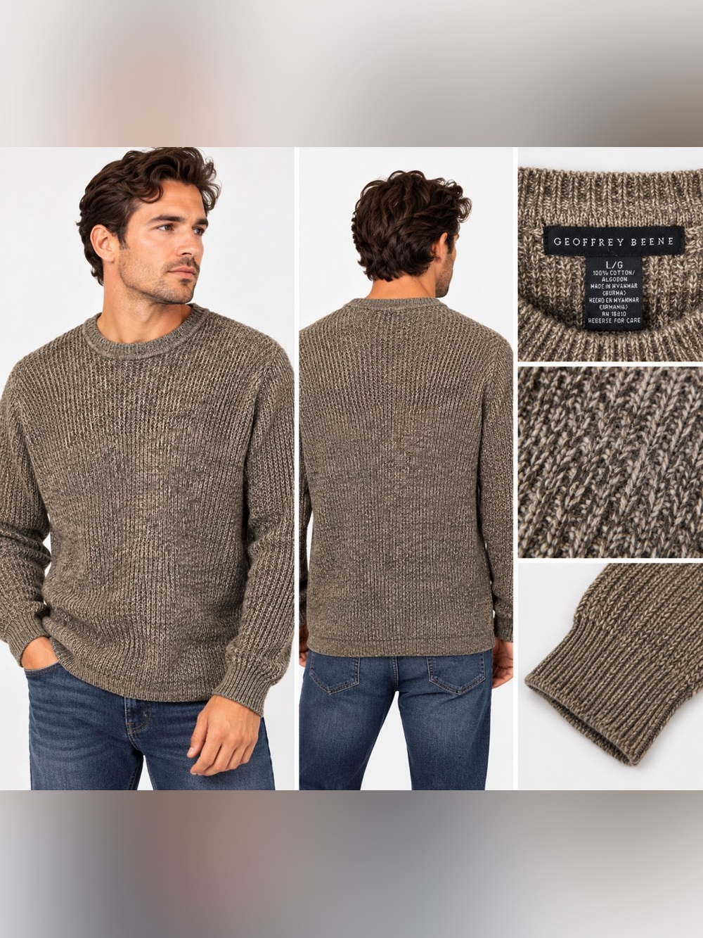 Geoffrey Beene Men’s 100% Cotton Knit Sweater Large Olive Brown